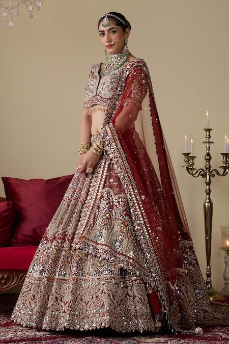 Buy_Chaashni By Maansi And Ketan_Rust Tissue, Organza, Net Embroidery, Glass Embellished Bridal Lehenga Set _Online_at_Aza_Fashions