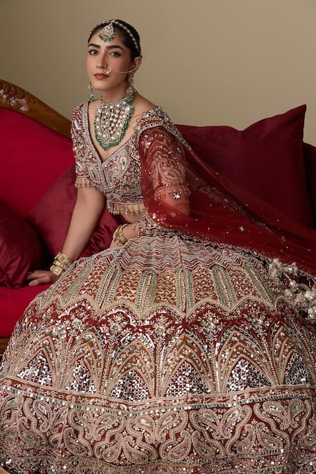 Chaashni By Maansi And Ketan_Rust Tissue, Organza, Net Embroidery, Glass Embellished Bridal Lehenga Set _at_Aza_Fashions