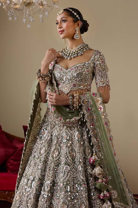 Shop_Chaashni By Maansi And Ketan_Green Tissue, Organza, Net Sequins, Mirrors, Embellished Bridal Lehenga Set _Online_at_Aza_Fashions