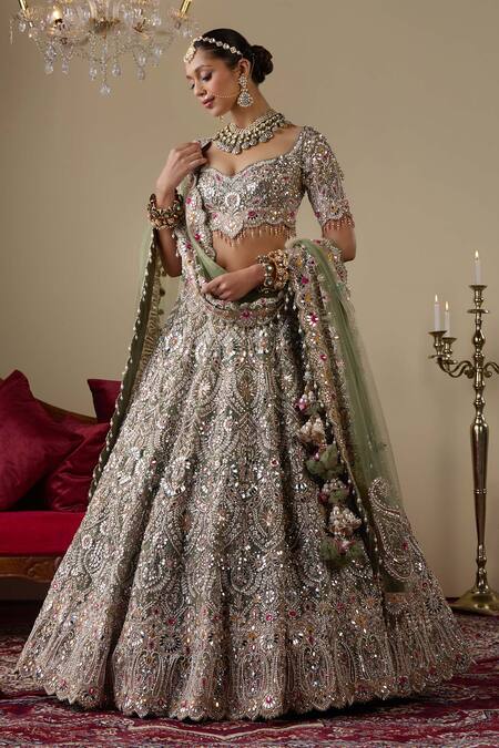 Chaashni By Maansi And Ketan_Green Tissue, Organza, Net Sequins, Mirrors, Embellished Bridal Lehenga Set _at_Aza_Fashions