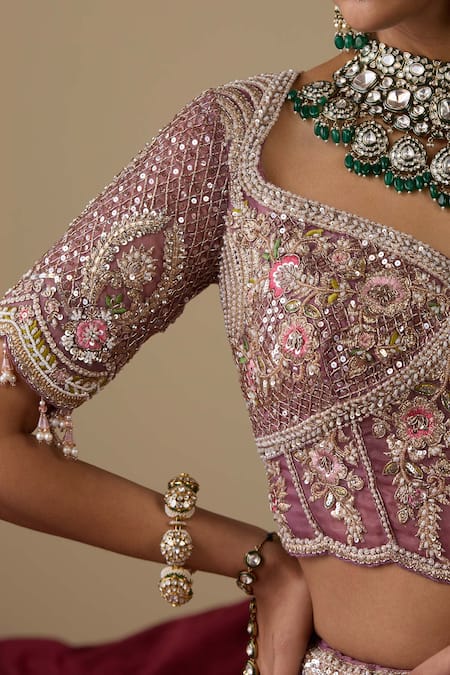 Buy_Chaashni By Maansi And Ketan_Purple Tissue, Organza, Net Embroidery, Pearls, Thread Work Bridal Lehenga Set _Online_at_Aza_Fashions