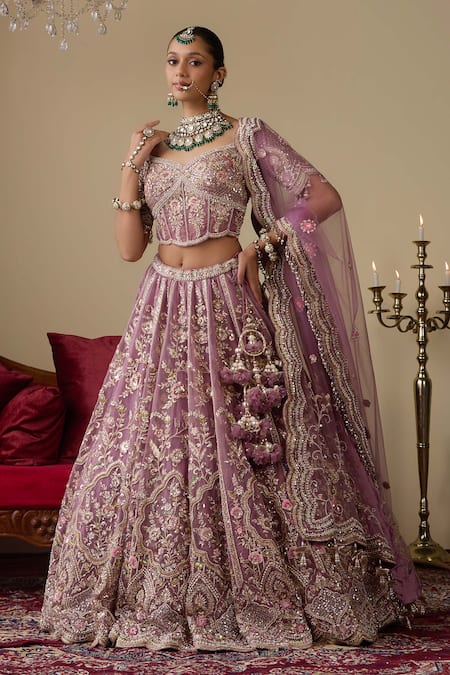 Shop_Chaashni By Maansi And Ketan_Purple Tissue, Organza, Net Embroidery, Pearls, Thread Work Bridal Lehenga Set _Online_at_Aza_Fashions