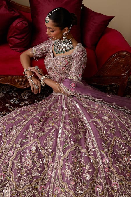 Chaashni By Maansi And Ketan_Purple Tissue, Organza, Net Embroidery, Pearls, Thread Work Bridal Lehenga Set _at_Aza_Fashions