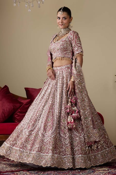Buy_Chaashni By Maansi And Ketan_Purple Tissue, Organza, Net Embroidery, Pearls, Mirrors, Work Bridal Lehenga Set _Online_at_Aza_Fashions