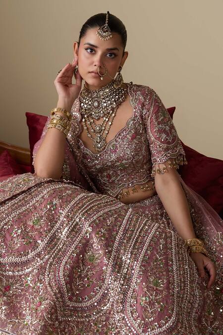 Shop_Chaashni By Maansi And Ketan_Purple Tissue, Organza, Net Embroidery, Pearls, Mirrors, Work Bridal Lehenga Set _Online_at_Aza_Fashions