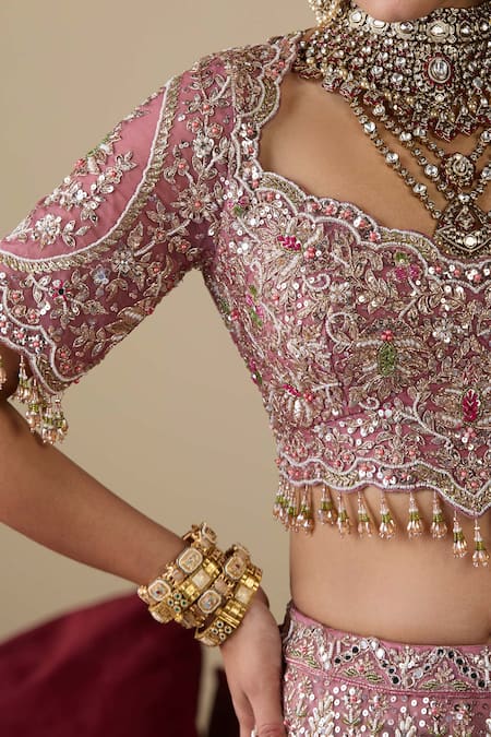 Chaashni By Maansi And Ketan_Purple Tissue, Organza, Net Embroidery, Pearls, Mirrors, Work Bridal Lehenga Set _at_Aza_Fashions