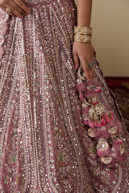 Buy_Chaashni By Maansi And Ketan_Purple Tissue, Organza, Net Embroidery, Pearls, Mirrors, Work Bridal Lehenga Set 