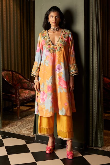 Rishi and Vibhuti Marigold Printed Kurta & Pant Set 