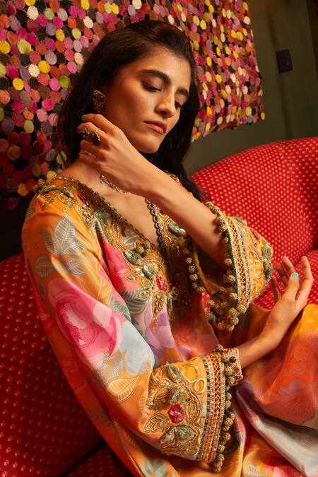 Buy_Rishi and Vibhuti_Yellow Crepe Embroidery, Beads, Pom-poms, Marigold Printed Kurta And Pant Set _Online_at_Aza_Fashions
