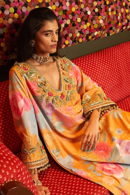 Shop_Rishi and Vibhuti_Yellow Crepe Embroidery, Beads, Pom-poms, Marigold Printed Kurta And Pant Set _Online_at_Aza_Fashions