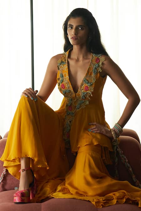 Rishi and Vibhuti_Yellow Organza Embroidery, Sequins, Patchwork, Peplum Jacket Palazzo Set _Online_at_Aza_Fashions