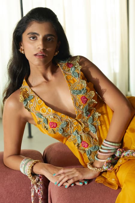 Buy_Rishi and Vibhuti_Yellow Organza Embroidery, Sequins, Patchwork, Peplum Jacket Palazzo Set _Online_at_Aza_Fashions