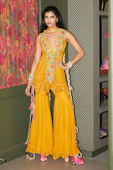 Rishi and Vibhuti Embroidered Peplum Jacket Palazzo Set 