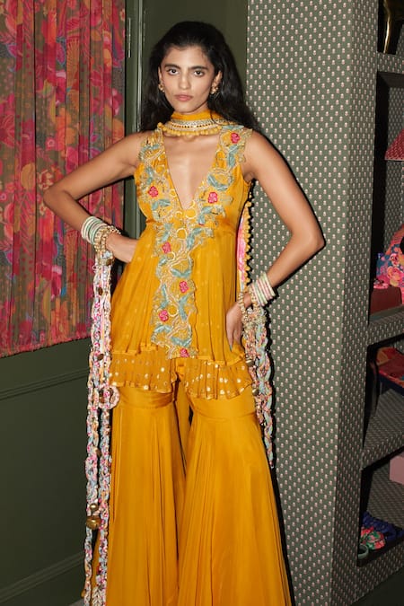 Shop_Rishi and Vibhuti_Yellow Organza Embroidery, Sequins, Patchwork, Peplum Jacket Palazzo Set _Online_at_Aza_Fashions