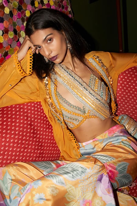 Buy Rishi and Vibhuti Yellow Organza, Crepe Embroidery, Sequins, Metallic Thread, Jacket Gharara Set Online at Aza Fashions Buy_Rishi and Vibhuti_Yellow Organza, Crepe Embroidery, Sequins, Metallic Thread, Jacket Gharara Set _Online_at_Aza_Fashions