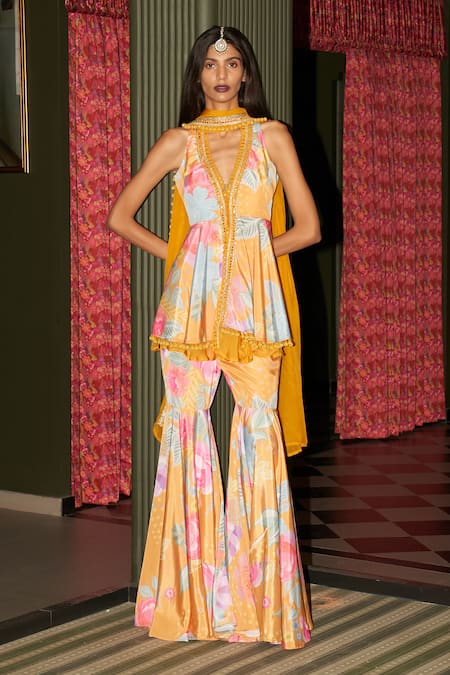 Rishi and Vibhuti Floral Print Jacket Gharara Set 