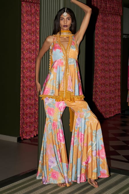 Rishi and Vibhuti Floral Print Jacket Gharara Set 