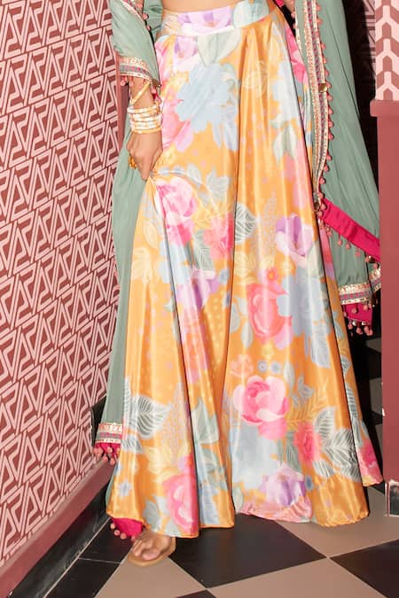 Rishi and Vibhuti Yellow Crepe Embroidery, Pom-poms Halter Neck Boho Bloom Print Skirt Set Online at Aza Fashions Rishi and Vibhuti_Yellow Crepe Embroidery, Pom-poms Halter Neck Boho Bloom Print Skirt Set _Online_at_Aza_Fashions