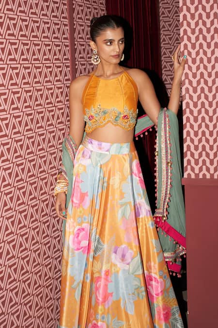Buy Rishi and Vibhuti Yellow Crepe Embroidery, Pom-poms Halter Neck Boho Bloom Print Skirt Set Buy_Rishi and Vibhuti_Yellow Crepe Embroidery, Pom-poms Halter Neck Boho Bloom Print Skirt Set
