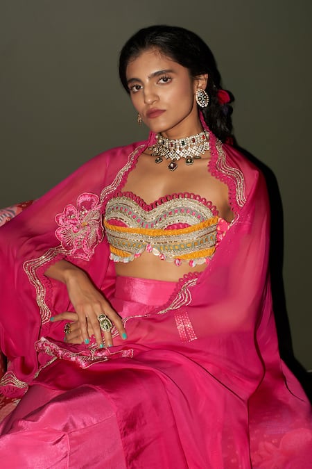 Buy Rishi and Vibhuti Pink Crepe Patchwork, Embroidery Sweetheart , Open Cape Skirt Set Online at Aza Fashions Buy_Rishi and Vibhuti_Pink Crepe Patchwork, Embroidery Sweetheart , Open Cape Skirt Set _Online_at_Aza_Fashions
