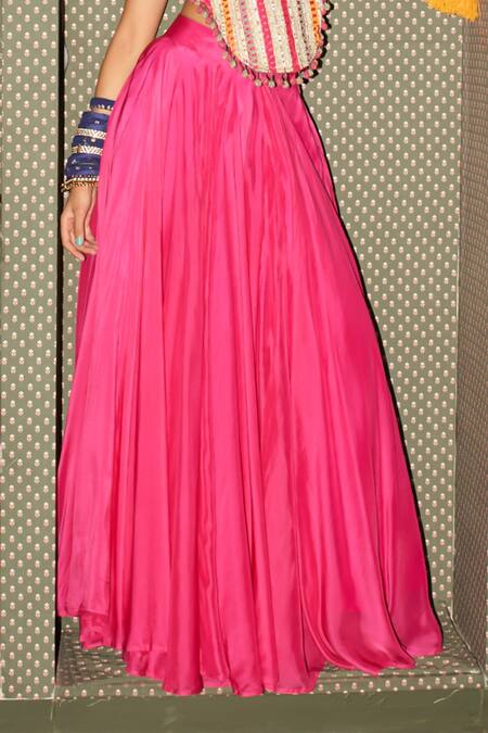 Rishi and Vibhuti Pink Crepe Beads, Pom-poms Round Neck Panorama Embroidered Corset And Skirt Set Online at Aza Fashions Rishi and Vibhuti_Pink Crepe Beads, Pom-poms Round Neck Panorama Embroidered Corset And Skirt Set _Online_at_Aza_Fashions