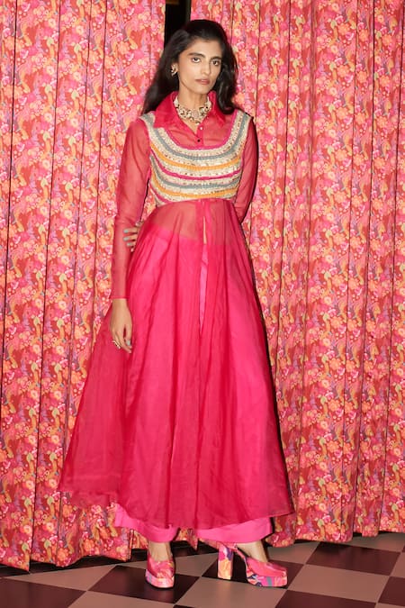 Rishi and Vibhuti Fuchsia Organza, Crepe Embroidery Collared, Round Neck Jacket Pant Set Online at Aza Fashions Rishi and Vibhuti_Fuchsia Organza, Crepe Embroidery Collared, Round Neck Jacket Pant Set _Online_at_Aza_Fashions