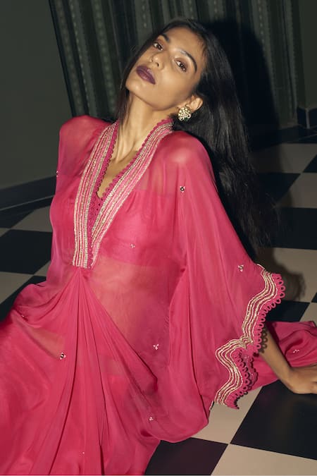 Rishi and Vibhuti Fuchsia Crepe Embroidery, Zari V-neck Ethereal Kaftan Pant Set Online at Aza Fashions Rishi and Vibhuti_Fuchsia Crepe Embroidery, Zari V-neck Ethereal Kaftan Pant Set _Online_at_Aza_Fashions
