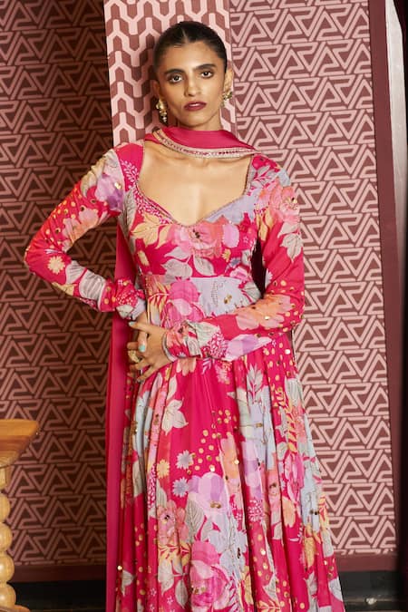 Rishi and Vibhuti Fuchsia Organza Sequins, Embroidery Rani Rush Printed Anarkali With Dupatta Online at Aza Fashions Rishi and Vibhuti_Fuchsia Organza Sequins, Embroidery Rani Rush Printed Anarkali With Dupatta _Online_at_Aza_Fashions