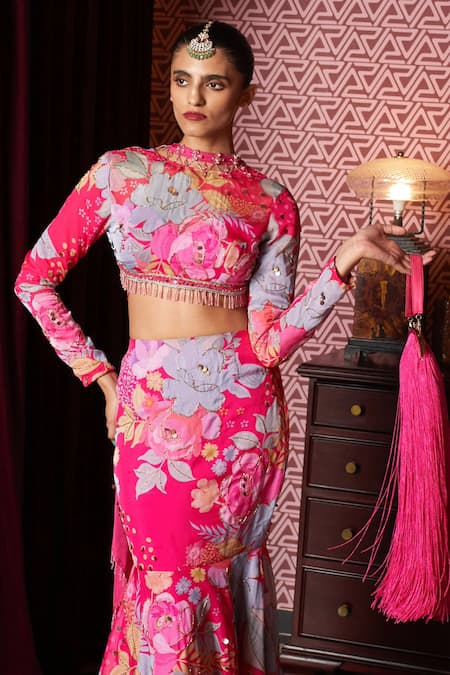 Buy Rishi and Vibhuti Fuchsia Organza Sequins, Embroidery High Neck Queen Printed Skirt Set Online at Aza Fashions Buy_Rishi and Vibhuti_Fuchsia Organza Sequins, Embroidery High Neck Queen Printed Skirt Set _Online_at_Aza_Fashions