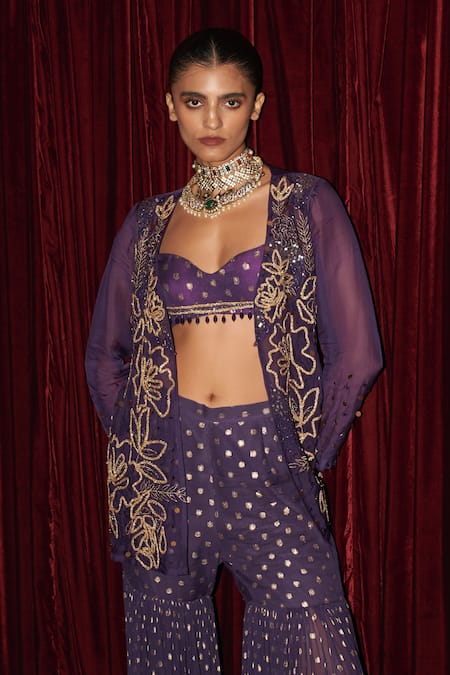 Shop_Rishi and Vibhuti_Purple Organza, Georgette Embroidery, Metallic Dazzling Duo Jacket Gharara Set _Online_at_Aza_Fashions