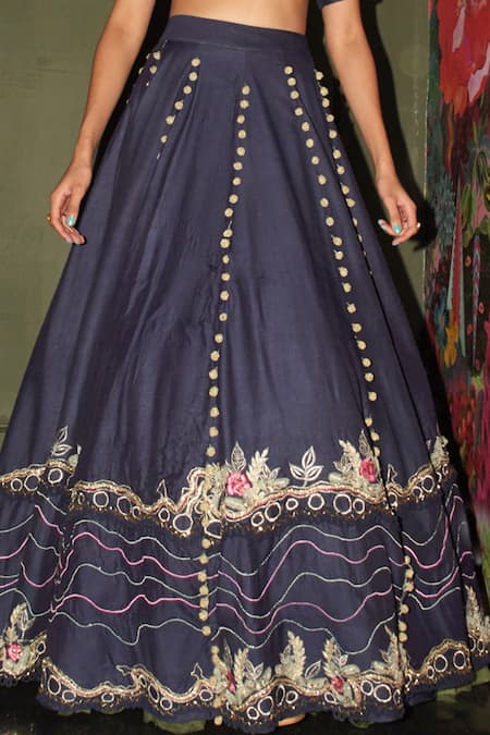 Buy Rishi and Vibhuti Blue Chanderi Embroidery, Pom-poms Round Neck Imperial Lehenga And Blouse Set Online at Aza Fashions Buy_Rishi and Vibhuti_Blue Chanderi Embroidery, Pom-poms Round Neck Imperial Lehenga And Blouse Set _Online_at_Aza_Fashions