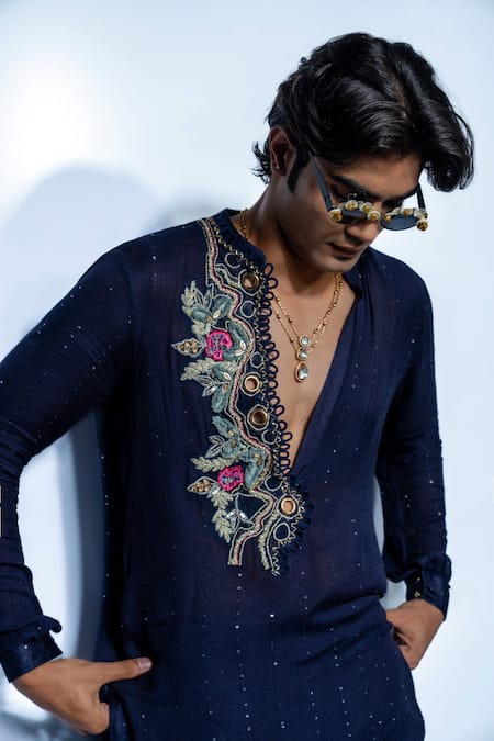 Buy Rishi and Vibhuti Blue Cotton Embroidery, Sequins Indie Imprium Placement Kurta Set Online at Aza Fashions Buy_Rishi and Vibhuti_Blue Cotton Embroidery, Sequins Indie Imprium Placement Kurta Set _Online_at_Aza_Fashions