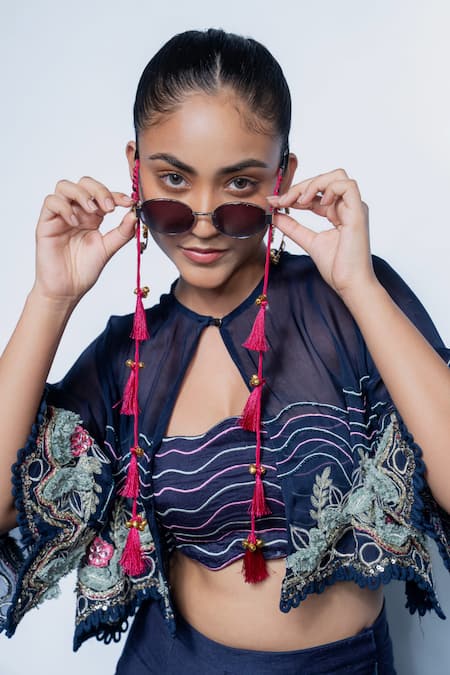 Rishi and Vibhuti_Blue Chanderi, Organza Embroidery Round Neck, Keyhole Imperial Cape Palazzo Set _Online_at_Aza_Fashions