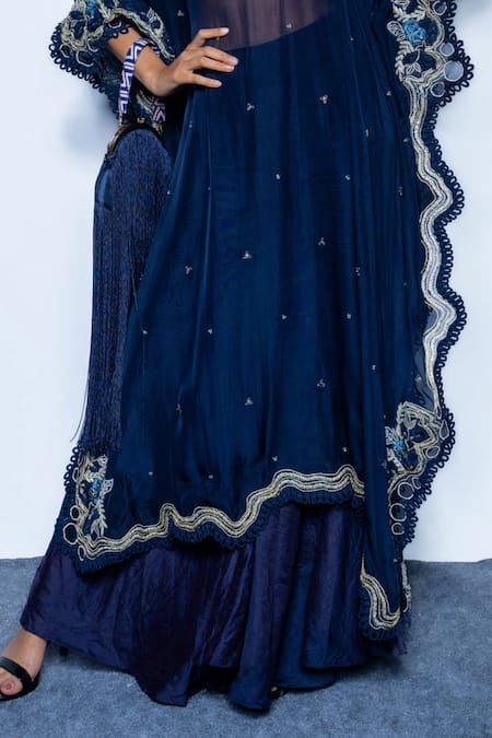 Rishi and Vibhuti_Blue Chanderi, Organza Embroidery, Zari V-neck, Bandeau Monarch Kaftan Pant Set _Online_at_Aza_Fashions