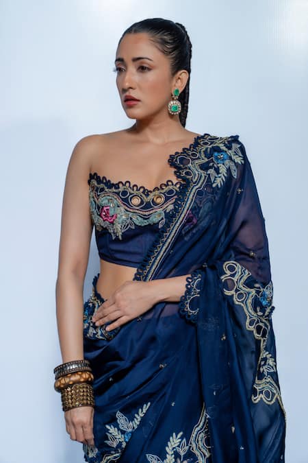 Rishi and Vibhuti Blue Organza, Crepe Embroidery, Zari, Sequins, Stones Kiara Saree With Corset Online at Aza Fashions Rishi and Vibhuti_Blue Organza, Crepe Embroidery, Zari, Sequins, Stones Kiara Saree With Corset _Online_at_Aza_Fashions