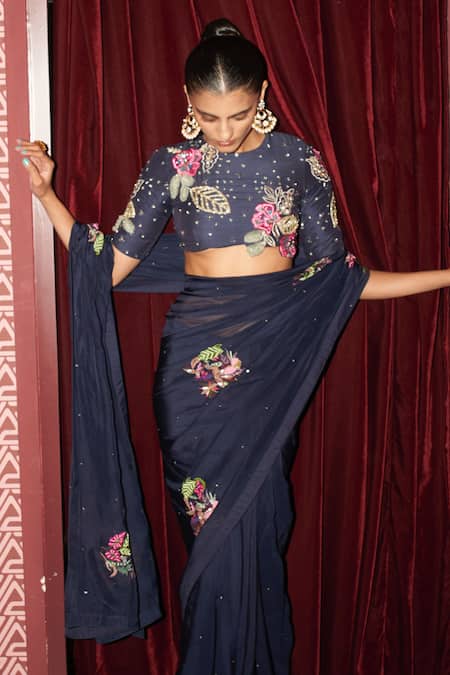 Buy_Rishi and Vibhuti_Blue Organza, Crepe Embroidery, Sequins Round Midnight Floral Saree With Blouse _Online_at_Aza_Fashions