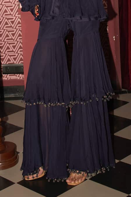 Rishi and Vibhuti Blue Organza Embroidery, Metallic Thread, Beads Navy Noor Jacket And Gharara Set Online at Aza Fashions Rishi and Vibhuti_Blue Organza Embroidery, Metallic Thread, Beads Navy Noor Jacket And Gharara Set _Online_at_Aza_Fashions