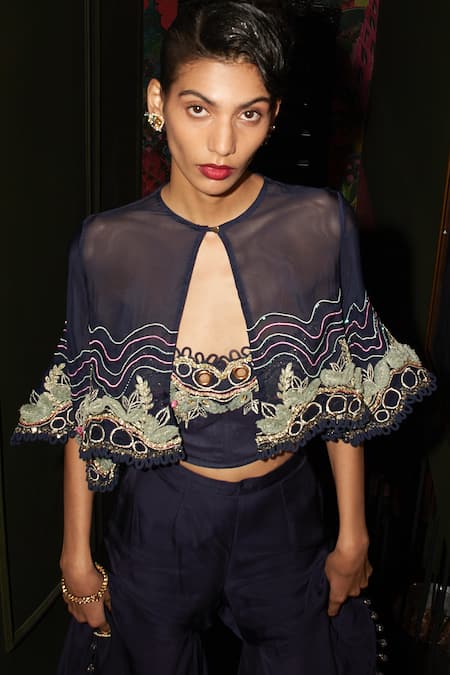 Buy Rishi and Vibhuti Blue Crepe Embroidery Round Neck Midnight Glam Cape Gharara Set Online at Aza Fashions Buy_Rishi and Vibhuti_Blue Crepe Embroidery Round Neck Midnight Glam Cape Gharara Set _Online_at_Aza_Fashions