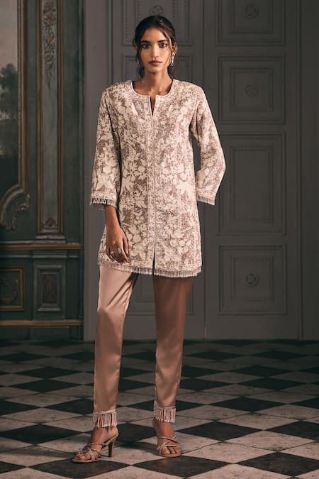 Studio22 By Pulkita Arora Bajaj Amara Embroidered Jacket Kurta & Tasseled Pant Set 
