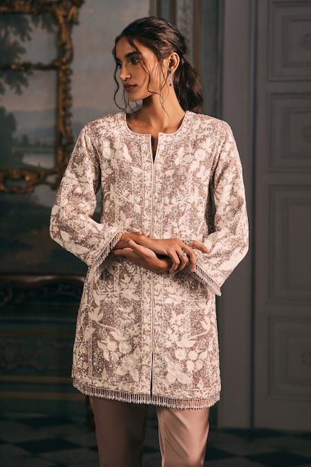 Studio22 By Pulkita Arora Bajaj_Brown Georgette, Satin Embroidery, Tassels Round Amara Jacket Kurta And Pant Set _Online_at_Aza_Fashions