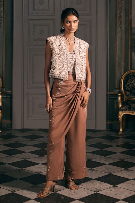 Studio22 By Pulkita Arora Bajaj_Off White Georgette Embroidery, Ellora Thread Work Jacket And Draped Pant Set _Online_at_Aza_Fashions