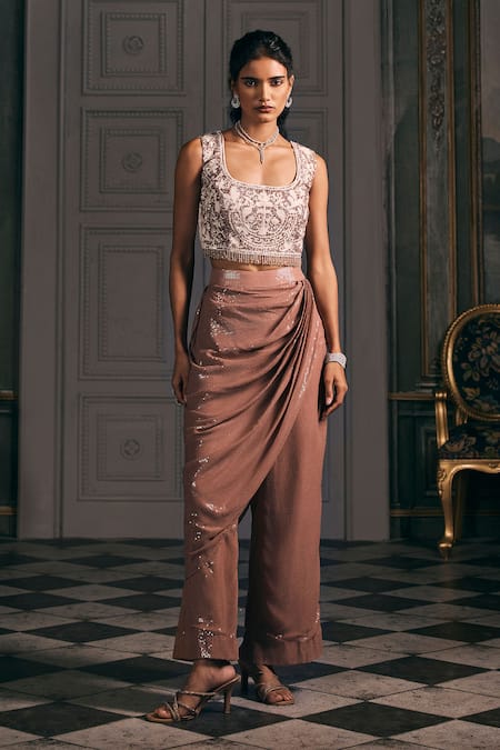 Buy_Studio22 By Pulkita Arora Bajaj_Off White Georgette Embroidery, Ellora Thread Work Jacket And Draped Pant Set _Online_at_Aza_Fashions