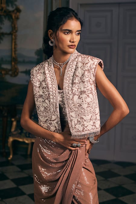 Shop_Studio22 By Pulkita Arora Bajaj_Off White Georgette Embroidery, Ellora Thread Work Jacket And Draped Pant Set _Online_at_Aza_Fashions