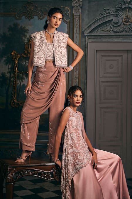 Studio22 By Pulkita Arora Bajaj_Off White Georgette Embroidery, Ellora Thread Work Jacket And Draped Pant Set _at_Aza_Fashions