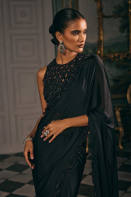 Studio22 By Pulkita Arora Bajaj_Black Chiffon Cut Work, Embroidery, Tassels Skynoir Cutwork Saree And Hand Blouse _Online_at_Aza_Fashions