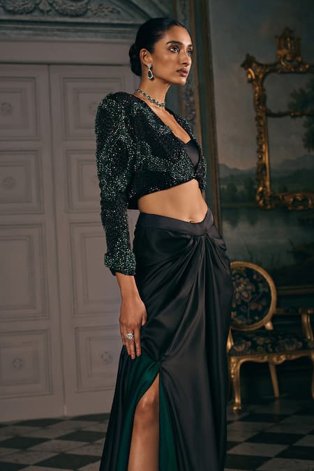 Studio22 By Pulkita Arora Bajaj_Black Satin Sequins Open Velora Cropped Jacket Sculpted Inner And Draped Skirt _Online_at_Aza_Fashions