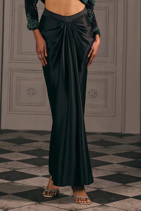 Buy_Studio22 By Pulkita Arora Bajaj_Black Satin Sequins Open Velora Cropped Jacket Sculpted Inner And Draped Skirt _Online_at_Aza_Fashions