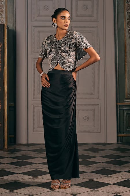 Studio22 By Pulkita Arora Bajaj Lunaris Silver Hand Embroidered Layered Jacket & Draped Skirt 