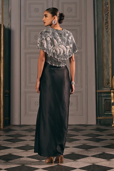 Studio22 By Pulkita Arora Bajaj Lunaris Silver Hand Embroidered Layered Jacket & Draped Skirt 