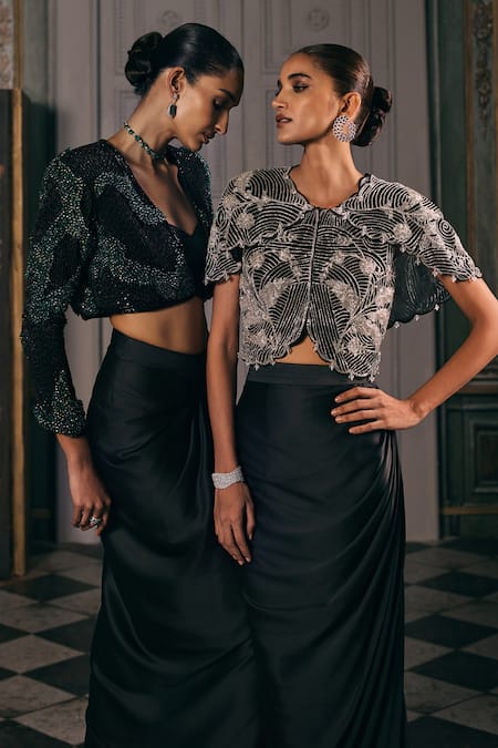 Shop_Studio22 By Pulkita Arora Bajaj_Black Net, Satin Embroidery, Lunaris Silver Hand Layered Jacket And Draped Skirt _Online_at_Aza_Fashions